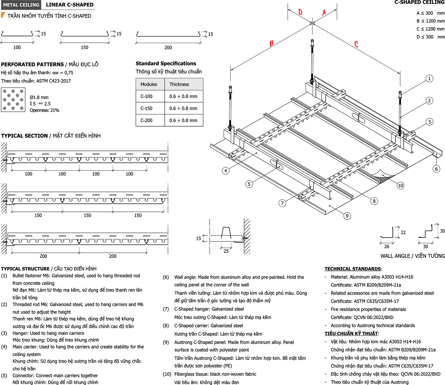 trần nhôm C-shaped bản vẽ
