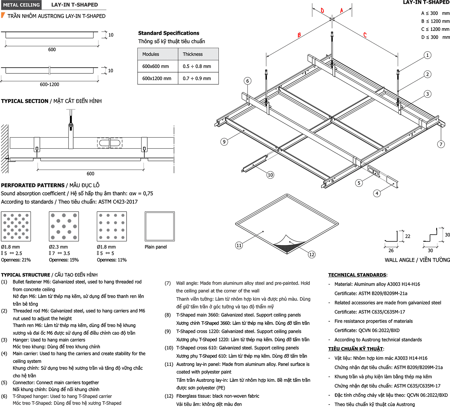 Trần nhôm Trần nhôm Lay-in T-Shaped